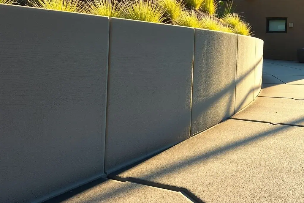Board-formed poured concrete retaining wall with visible wood-grain texture curving along a driveway, with grasses planted above