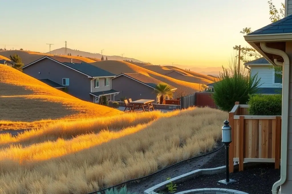 Danville backyard at the foot of golden hills with a new tan segmental block retaining wall along a planted slope