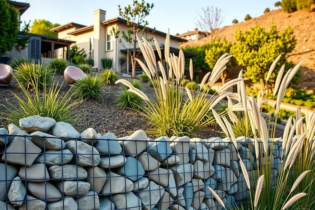 Gabion retaining wall of wire baskets filled with grey and tan stones holding a planted slope