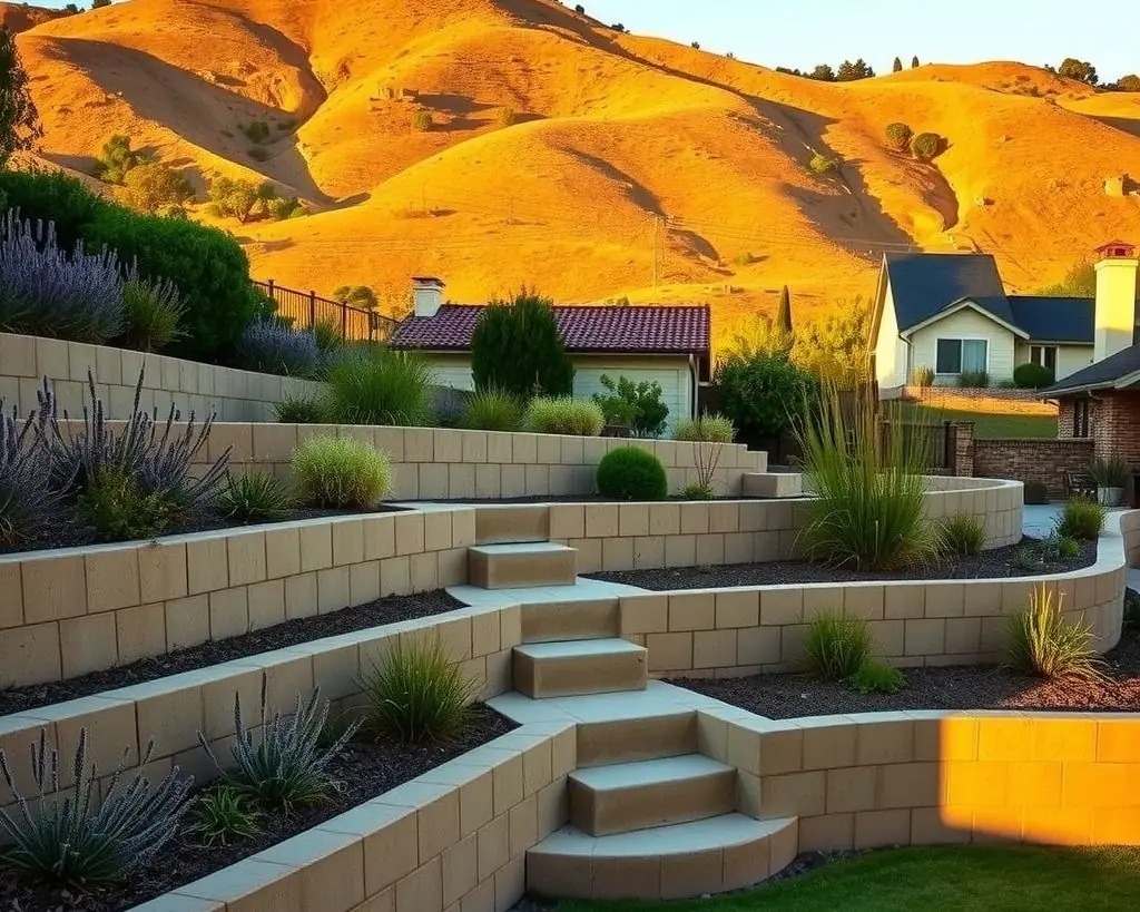 Terraced hillside backyard with two tiers of tan segmental block walls, planted terraces and stone steps below golden oak-studded hills