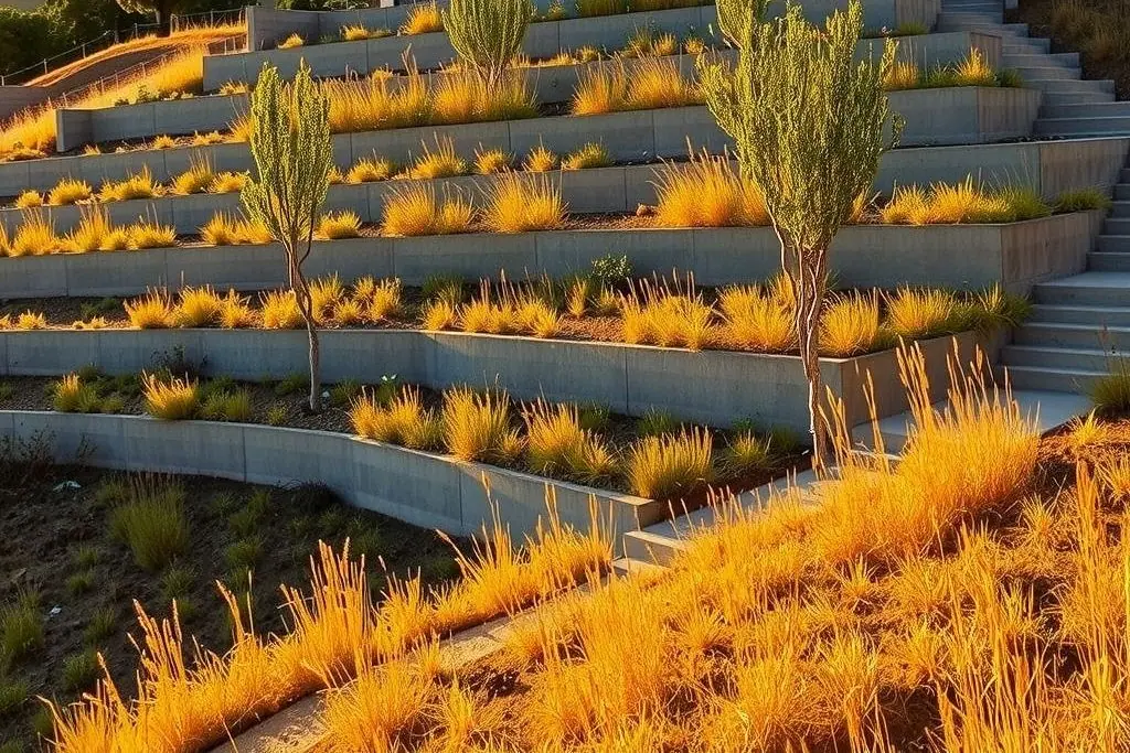 Steep hillside lot with three stepped tiers of board-formed concrete walls, terraces planted with grasses and young olive trees