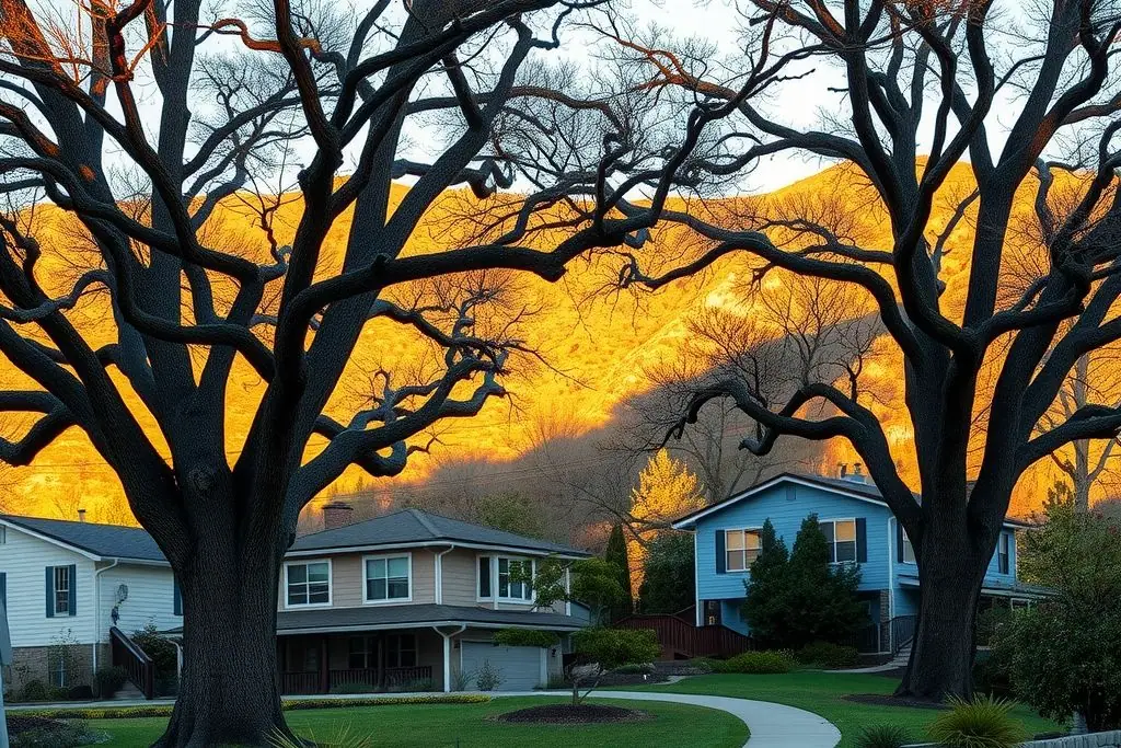 Hillside street in Lafayette with mid-century homes under large valley oaks and a stacked stone retaining wall holding a front yard above the sidewalk