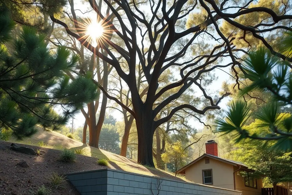 Steep wooded Orinda lot with a tall grey concrete block retaining wall beside a sloping driveway under oaks and bay laurels