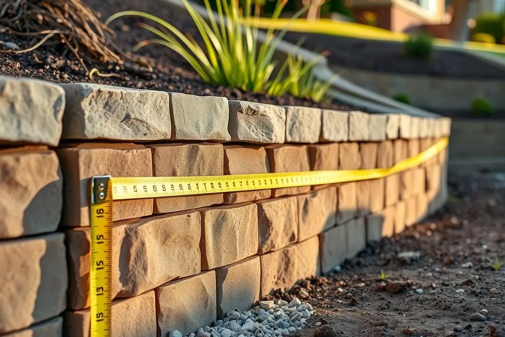 Tan segmental block retaining wall about four feet tall with a tape measure stretched along the cap row and gravel at its base