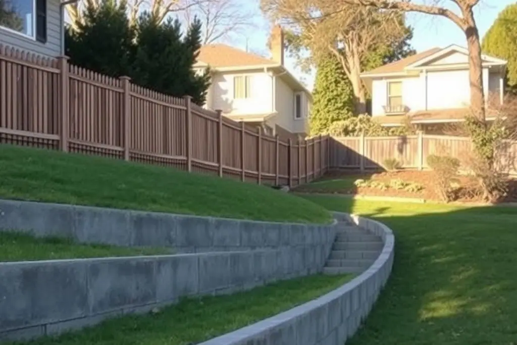 Concrete block retaining wall along the property line between two sloped backyards, with a wooden fence on top and the upper yard higher than the lower one